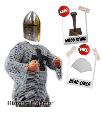 BNDL06 - Templar Chainmail Shirt (IR8057) + Sugarloaf Helmet (IR8057) + Wood Stand (IR8050) + Head Liner (IR8050A)